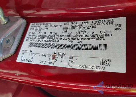 2016 Ford Escape Se z USA, uszkodzony, nr VIN 1FMCU9GX1GUB64946